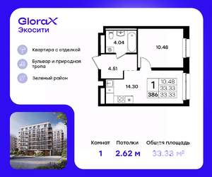 1-к квартира, строящийся дом, 33м2, 6/8 этаж