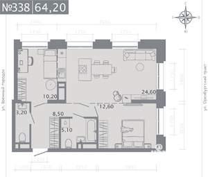 2-к квартира, строящийся дом, 64м2, 19/25 этаж