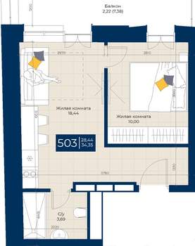 1-к квартира, вторичка, 34м2, 5/5 этаж