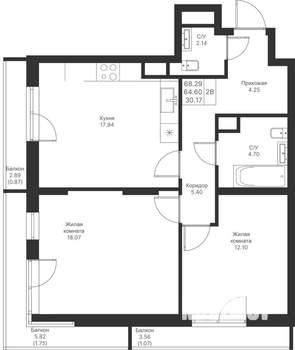 2-к квартира, вторичка, 68м2, 11/24 этаж