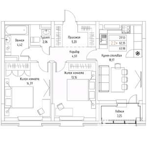 2-к квартира, вторичка, 64м2, 3/9 этаж