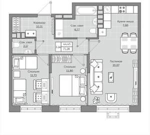 3-к квартира, вторичка, 71м2, 11/19 этаж