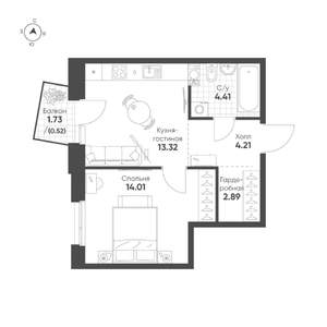 1-к квартира, строящийся дом, 39м2, 4/19 этаж