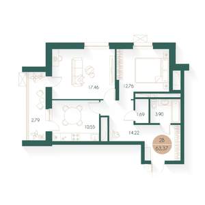2-к квартира, вторичка, 63м2, 22/24 этаж