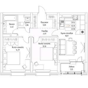 2-к квартира, вторичка, 64м2, 4/9 этаж