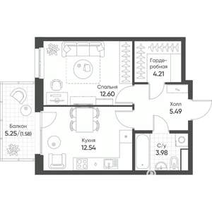 1-к квартира, строящийся дом, 40м2, 5/8 этаж