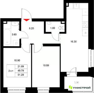 2-к квартира, вторичка, 51м2, 7/22 этаж