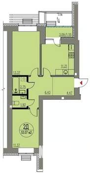 2-к квартира, строящийся дом, 53м2, 2/10 этаж