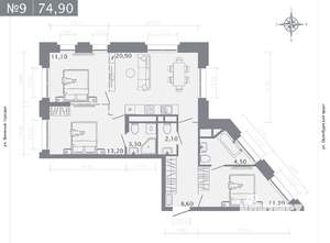3-к квартира, строящийся дом, 75м2, 2/25 этаж