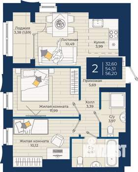 2-к квартира, вторичка, 56м2, 16/20 этаж