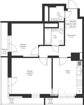 2-к квартира, вторичка, 61м2, 23/25 этаж