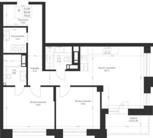 2-к квартира, вторичка, 71м2, 3/23 этаж