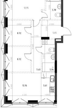 3-к квартира, строящийся дом, 74м2, 7/15 этаж