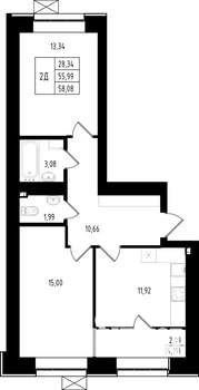 2-к квартира, строящийся дом, 58м2, 1/15 этаж