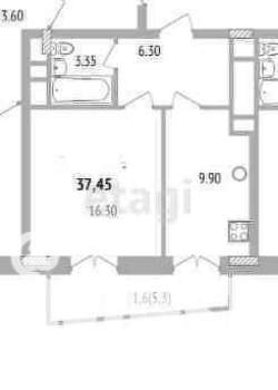 2-к квартира, вторичка, 38м2, 9/16 этаж