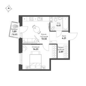 1-к квартира, строящийся дом, 39м2, 10/19 этаж