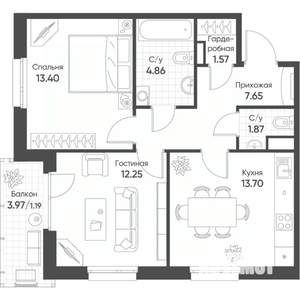 2-к квартира, строящийся дом, 57м2, 13/18 этаж