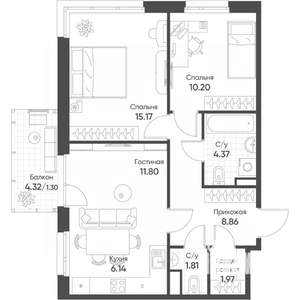 3-к квартира, строящийся дом, 62м2, 16/18 этаж