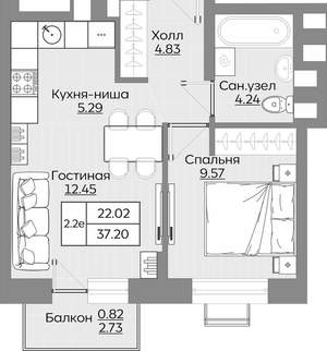 2-к квартира, вторичка, 37м2, 3/24 этаж