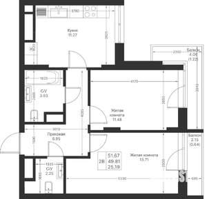 2-к квартира, вторичка, 52м2, 13/24 этаж