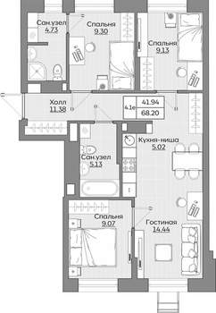 4-к квартира, вторичка, 68м2, 16/24 этаж