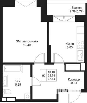 1-к квартира, вторичка, 38м2, 5/5 этаж