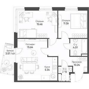 3-к квартира, строящийся дом, 65м2, 11/17 этаж