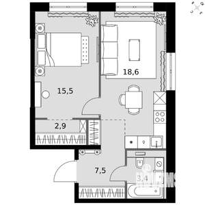 1-к квартира, вторичка, 48м2, 9/20 этаж