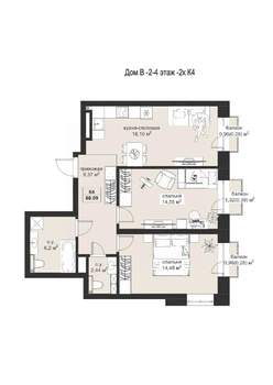 2-к квартира, строящийся дом, 66м2, 3/5 этаж