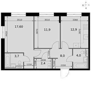 2-к квартира, вторичка, 61м2, 7/19 этаж