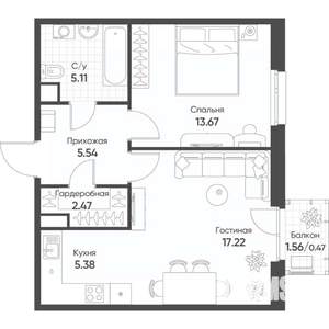 2-к квартира, строящийся дом, 50м2, 10/18 этаж