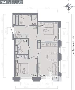 2-к квартира, строящийся дом, 55м2, 7/25 этаж