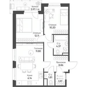 3-к квартира, строящийся дом, 59м2, 7/18 этаж