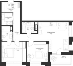 2-к квартира, вторичка, 71м2, 3/23 этаж