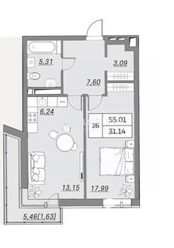 2-к квартира, вторичка, 55м2, 2/9 этаж