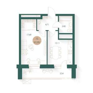 1-к квартира, строящийся дом, 42м2, 15/17 этаж