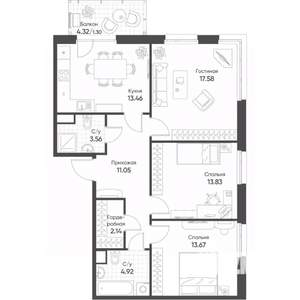 3-к квартира, строящийся дом, 82м2, 13/18 этаж