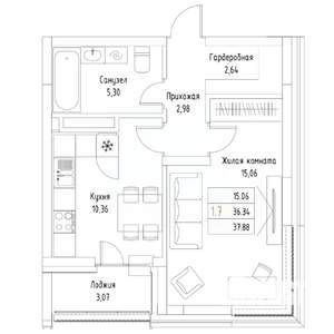 1-к квартира, вторичка, 38м2, 2/9 этаж