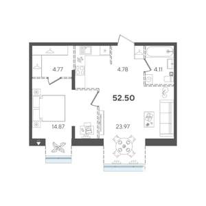 1-к квартира, строящийся дом, 53м2, 3/5 этаж