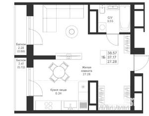 1-к квартира, вторичка, 39м2, 12/25 этаж