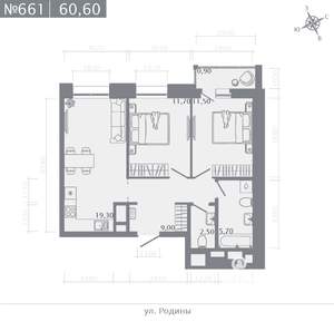 2-к квартира, строящийся дом, 61м2, 16/23 этаж
