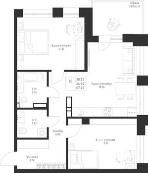 2-к квартира, вторичка, 67м2, 2/23 этаж