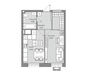 1-к квартира, вторичка, 36м2, 12/25 этаж