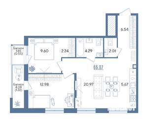 2-к квартира, вторичка, 66м2, 2/13 этаж