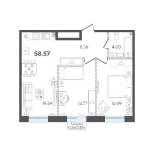 2-к квартира, строящийся дом, 59м2, 2/5 этаж