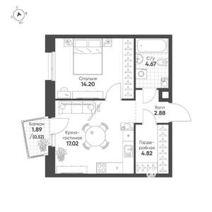 1-к квартира, строящийся дом, 44м2, 12/19 этаж