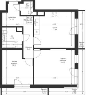 2-к квартира, вторичка, 68м2, 16/25 этаж