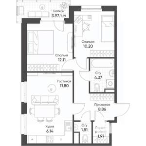 3-к квартира, строящийся дом, 59м2, 10/18 этаж