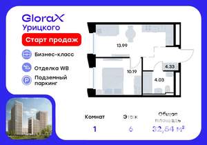 1-к квартира, вторичка, 33м2, 6/20 этаж