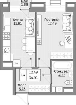 1-к квартира, вторичка, 35м2, 2/24 этаж